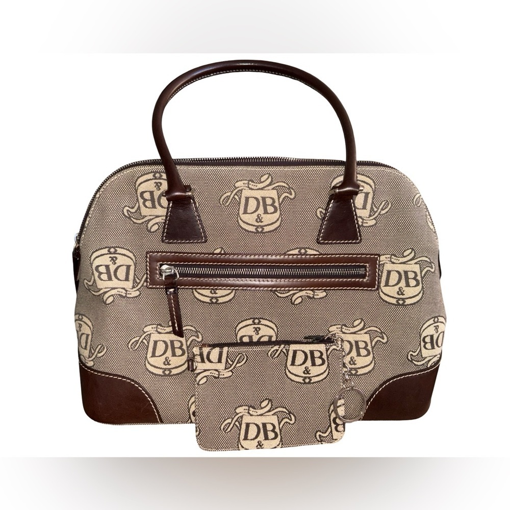 Dooney & Bourke DB Monogram Satchel Bag Brown Leather Trim Canvas&Coin Pouch